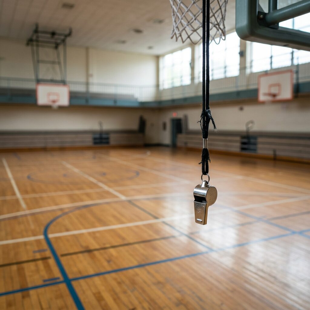Metal whistle hanging from a black lanyard in an empty indoor basketball court